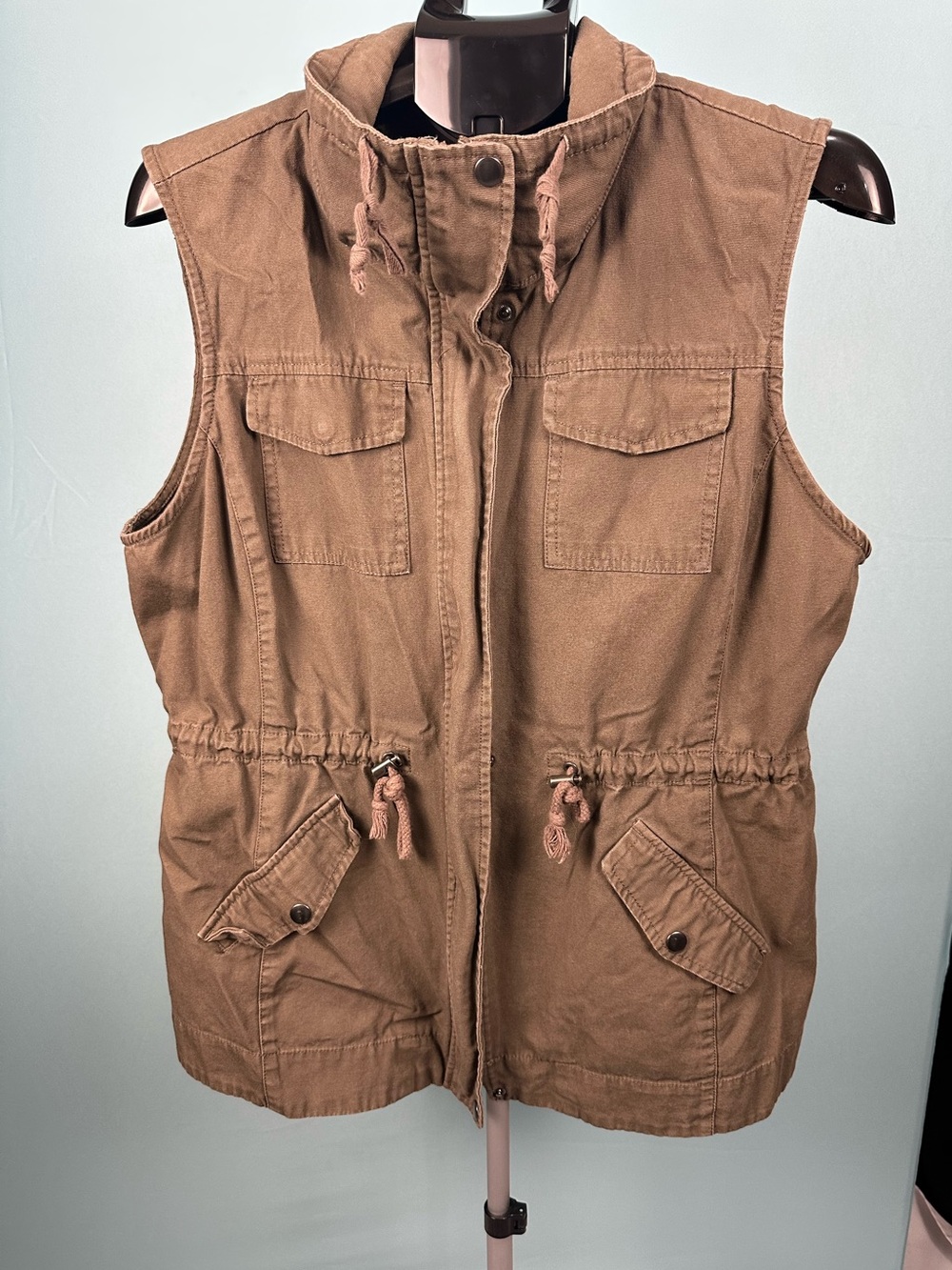 Y2K Utility Vest XL Brown Safari Cargo Cinch Waist 2000s